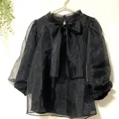シアー ボウタイブラウス オーガンジー 重ね　スタンドカラー　七分袖　黒