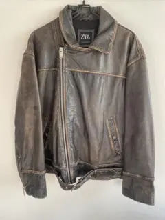 ZARA ヴィンテージ加工　レザー ライダースジャケット バイカー ブラウン　L