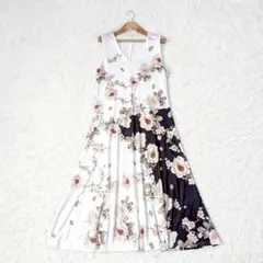 モノトーン 花柄 ロングワンピースドレス 【大きいめ／Ｌ】オケージョン 結婚式