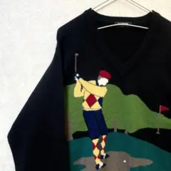 デザインニット　カシミヤ100　ヴィンテージ　レトロ　ゴルフ　アート　ブラック