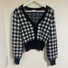 ブラックホワイトチェックニットセーター  カーディガン Mサイズ