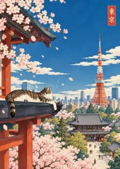 東京タワーと桜と猫 和風アート アートポスター インテリア 絵画 壁掛け ギフト
