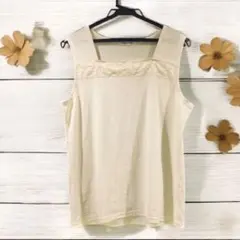 レース付きスクエア型タンクトップ大きいサイズお洒落きれいめノースリーブ夏インナー