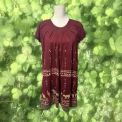 森ガール フェアリーグランジ 00s 猫プリント 半袖チュニック バーガンディ
