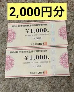 ビックカメラ・コジマ 株主優待券4,000円分 有効期限：2026/11/30