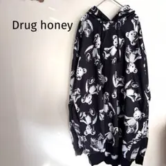 ドラッグハニー　クマ総柄ビッグパーカー ビッグシルエット　黒