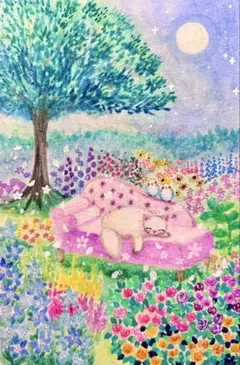 手描き水彩画 秋のはじまり窓辺で戯れる猫さんと小鳥たち ※900円です