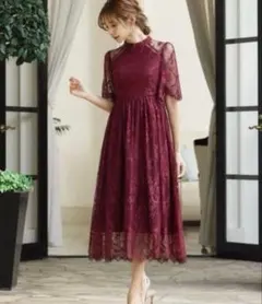 GIRL ハイネック5分袖総レースミモレ丈結婚式パーティードレス