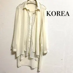 Jella 白 シースルー シャツ ドット ロング 韓国 ブラウス ボタン 長袖