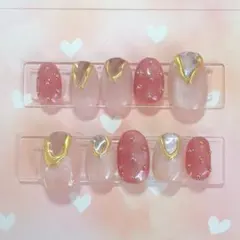 【オーダー】苺ニュアンスネイル　春ネイル ピンク　上品ベージュ ゴールドミラー