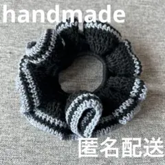 【ハンドメイド】　コットン　フリル　シュシュ　ブラック×ブルー