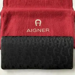 AIGNER モノグラム 長財布 ブラック キャンバス シボ革 入れ物付きのサムネイル