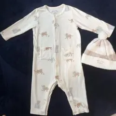 ジェラートピケ ベビー ロンパース 猫柄 長袖 70 80 ニット帽とセット売り