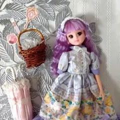 リカちゃん 紫色ネコにぶどう柄フリルドレスワンピース ヘッドドレス付き