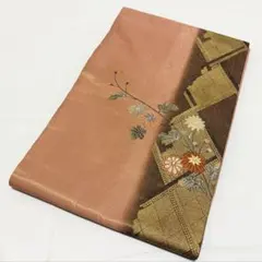 A 菊の花模様 刺繍 金通し 金彩 正絹 六通 名古屋帯 O9