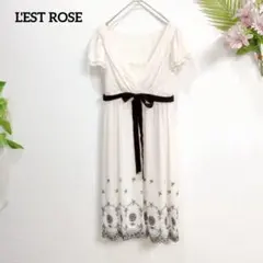 レストローズ 裾刺繍 ひざ丈ワンピース 2 M リボン シフォン　春夏