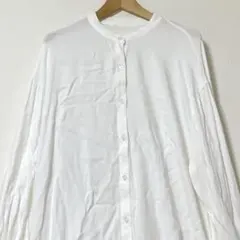 バンドカラーのゆるっと長袖てろてろブラウス　白シャツ　チュニック丈