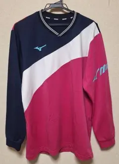 Mizuno 長袖 Vネック シャツ ネイビー/ピンク (Lサイズ)