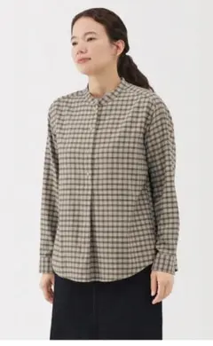 無印良品　両面起毛スタンドカラーフランネルシャツ　長袖　ライトベージュチェック