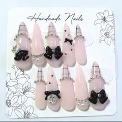 現品 イニシャル チェック リボン 量産型 ガーリー ロングネイル ギャルネイル