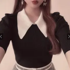 襟付き パフスリーブ 半袖ニット ブラック