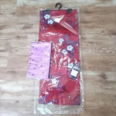 未使用赤色花柄浴衣・帯セット 162cm