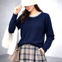 ロペピクニック 長袖ニット 38 Mサイズ 薄手 ネイビー クルーネック ビジュ