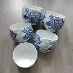 肥前焼　篤山　湯呑　5個セット　竹　模様　昭和レトロ