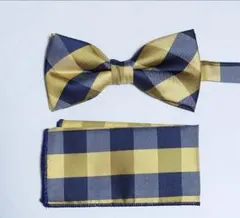 蝶ネクタイ　チーフ　セット　イエロー　グレー　チェック　結婚式　タキシード