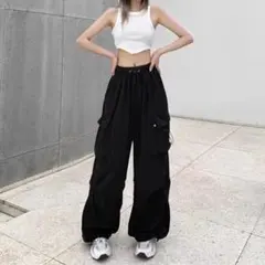 カーゴパンツ ワイドパンツ 黒 XLサイズ ストリート スノーカモ 韓国 裾絞り