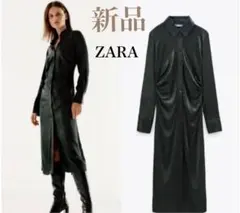 新品 ZARA ザラ ダークグリーン シャツワンピース サテン