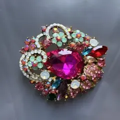 ヴィンテージ風　ピンククリスタル調ストーン装飾　ブローチ　ペンダントヘッド