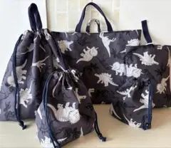 【匿名配送】ハンドメイド入園入学5点セット NO.307 恐竜柄チャコールグレー