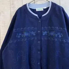 古着　長袖　前ボタン　スウェット 裏起毛　刺繍　アメカジ ダサカワ　ゆるだぼ