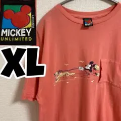 90s ミッキー&プルート　ポケットTシャツ　ディズニー　ピンク　変形ポケット