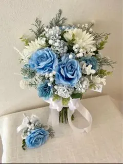 ウェディングブーケ　ブートニア　セット　ブルー前撮り　挙式　披露宴