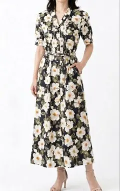 【ルージュ】ラップワンピース　半袖　花柄　ロング　パフスリーブ　ベルト　黒　36 ルージュ】ラップワンピース 半袖 花柄 ロング パフスリーブ ベルト 黒