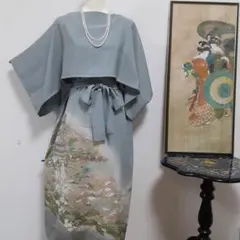 リメイク着物ロングワンピースボレロ付き正絹Ｌ作家物友禅染色留袖のサムネイル