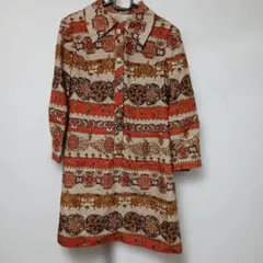レトロ総柄 シャツワンピース ひざ丈 M相当 長袖 オレンジ ベージュ