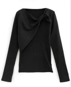ブラックニットトップス 長袖 カットアウト