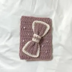 ハンドメイド　編み物　ブックカバー　文庫本サイズ　ピンク　リボン　かぎ針編み
