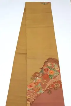 袋帯　赤　オレンジ　茶　花　菊　松　刺繍　リユース品