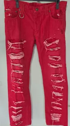 ロエン　Roen レッドスワロスカル　クラッシュデニムパンツ　34 XLのサムネイル