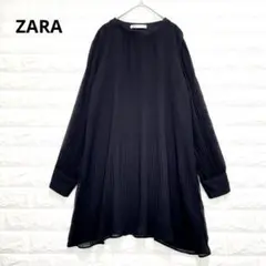 美品 ZARA プリーツチュニック ワンピース 透け感 シアー 黒 P1874