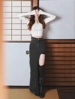 フロントオープンデニムロングスカート