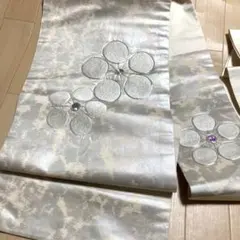 夏帯 二部式作り帯 駒絽 薄ブルー 秋草地模様 幾何学刺繍 日本舞踊 