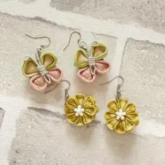 ハンドメイド 花　蝶々　ピアス　つまみ細工