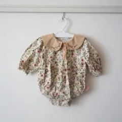【韓国子供服】小花柄 ロンパース 80サイズ 女の子 ベージュ 襟付き