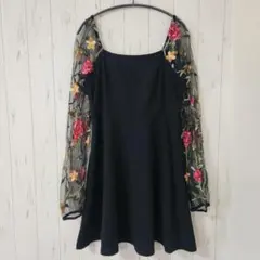 シアー刺繍スリーブ チュール袖 ミニワンピース【L】黒 華やか バラ お呼ばれ★