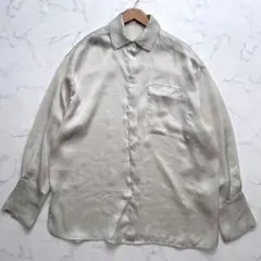 n8782 美品✨シルク100% 長袖シアーシャツ L イタリア製 ラメ 透け感 